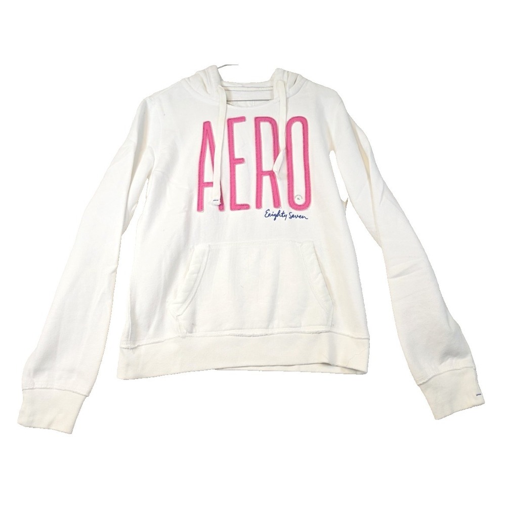 Aero Women's Sweatshirt Size XL White With Pink Logo Fleece Hoodie